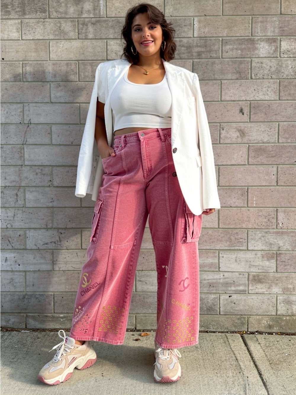 Custom Pink Metallic Foil Cargo Jeans Petite Streetwear waist 15” inseam 28”